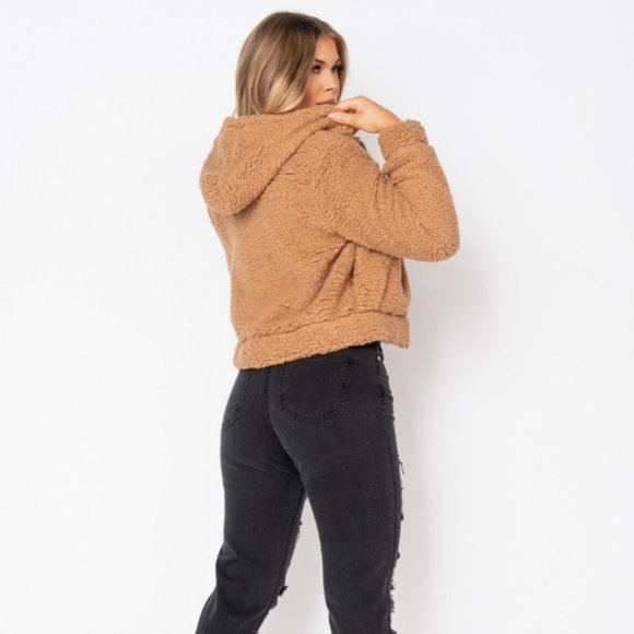 Brown Teddy Bear Fur Long Sleeve Hooded Bomber Jacket - Picture 3 of 9